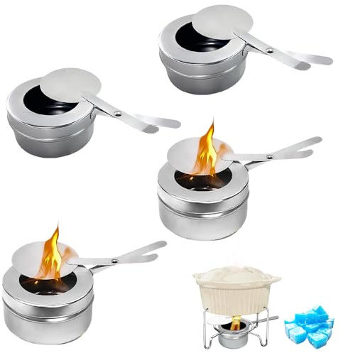 Foonary 4 Stück Brennpastenbehälter aus Edelstahl, Brennpasten Behälter mit Deckel, Brenner Fondue Zubehör, Brennpaste für Warmhaltebehälter, für Fondue, Buffet, Camping, Grillpartys, Outdoor.