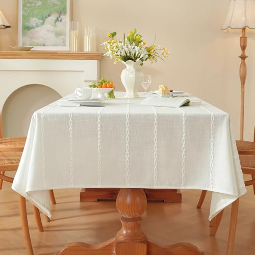 Plenmor Leinen Tischdecke Weiß Baumwolle 135x220cm Tischdecke Abwaschbar | Tischtuch Leinenoptik Tischdecke Table Cloth Boho Outdoor Tischdecke Rechteckig für Küche, Garten, Party, Geburtstag