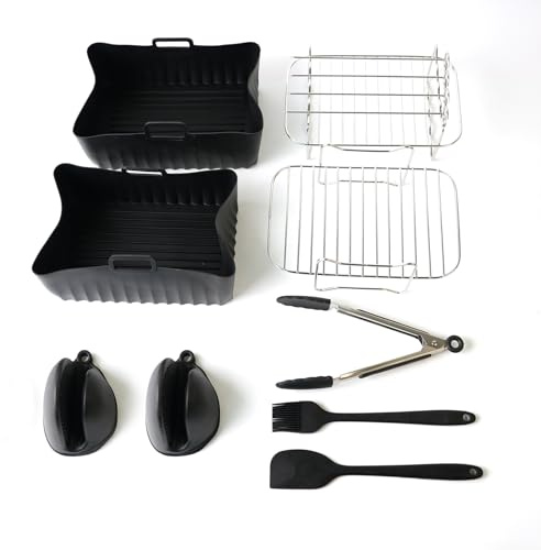 MeiQraft 13-Piece Air Fryer Accessories Set for Home Cooking - Includes Steaming Rack, Baking Rack, Silicone Gloves, Tongs, Oil Brush, Spatula, Square Pans & Skewers