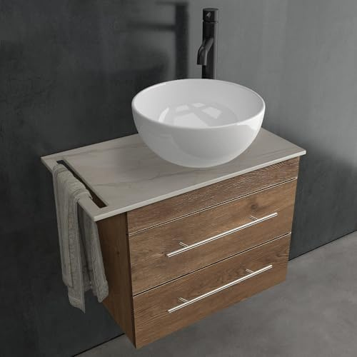 Alpenberger Aufsatzwaschbecken mit Unterschrank 60 cm Breit | Kleines Rundes Waschbecken mit Unterschrank Eiche | Badmöbel Set mit Keramik Waschtischplatte Montblanc ohne Spiegel