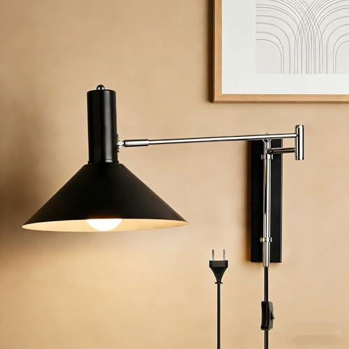 Sedtonmu E27 Retro Wandleuchte Verstellbarer Schwenkarm Wandlampe mit Schalter und Kabel Vintage Industrie Innenbeleuchtung Langer Arm Wand Leselampe mit Einstellbarer für Schlafzimmer Büro,Schwarz