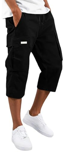 Shorts Homme Bermudas Élastique Sport Militaire Pantacourt Été Léger Court Randonnée Chantier Travail Cordon Serrage Taille Multi-Poches Utilitaires Décontractés Jeunes Short,Noir,XL