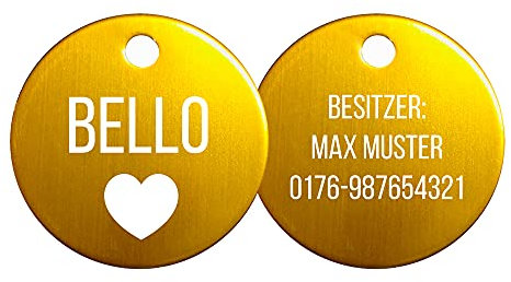 SNEG Hundemarke Rund mit beidseitiger Gravur (gelb)