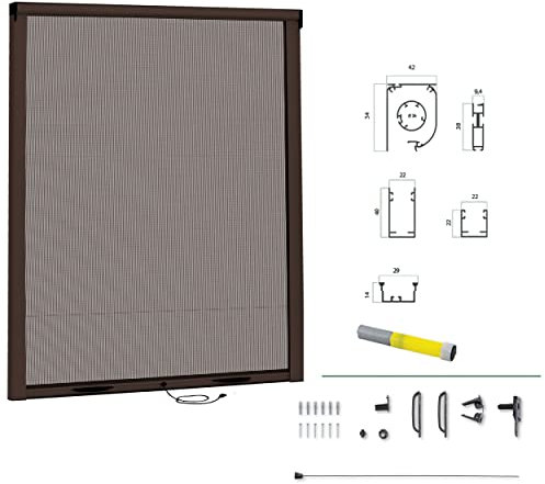 Zanzariera Finestra A Rullo Scorrevole e Regolabile con Kit Fai Da Te Zanzariera Riducibile e Avvolgibile In Alluminio Verniciato Istruzioni e Accessori Inclusi (120x170 con frizione, Marrone)