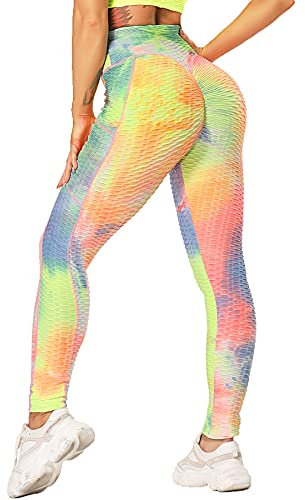 RIOJOY Damen Push Up Leggings mit Taschen, High Waist Anti Cellulite Booty Leggins für Sport Yoga Fitness, Bunt M