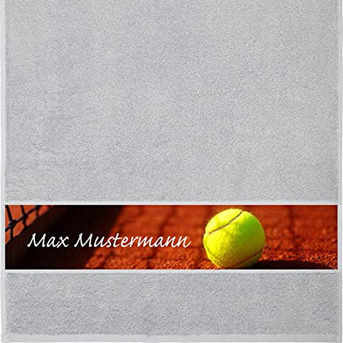 Manutextur Handtuch Mit Namen - Personalisiert - Tennis-Motiv - Viele Farben - Dusch-Handtuch - Hellgrau - 50x100 cm - Persönliches Geschenk Mit Wunsch-Motiv und Wunsch-Name