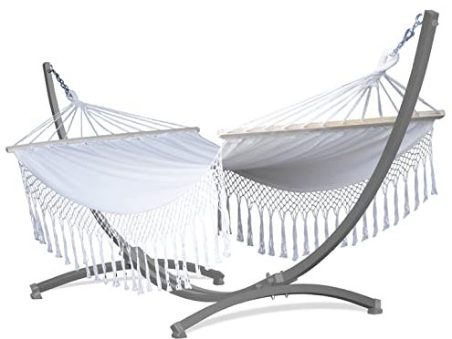 Potenza Outdoor Hängematte mit Gestell für 2 Personen I Stabhängematte XXL 220x160, 200kg I Hängemattengestell 220kg Wetterfest (Santia-Ecru, Gestell Grau)