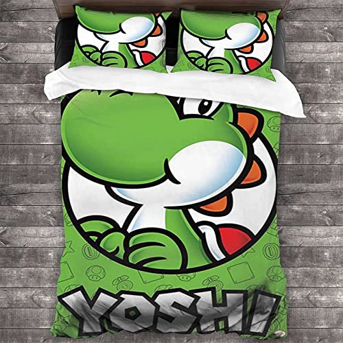 ANSSON Yoshi Bettwäsche + Kissenbezug,Luigi Kinder Bettwäsche-Sets,Hypoallergen Bettwäsche,Schlafzimmer dekorative Mikrofaser Bettbezug (135x200cm+80x80cmx2, Yoshi4)