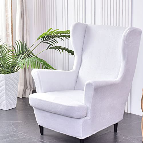 YOPOIY Samt Plüsch Husse für Ohrensessel, 2 Stücke Elastische Stretch Sesselbezug für Ohrensessel Waschbar Sessel Möbelschutz für Hochzeit und Party Im Wohnzimmer-Weiß