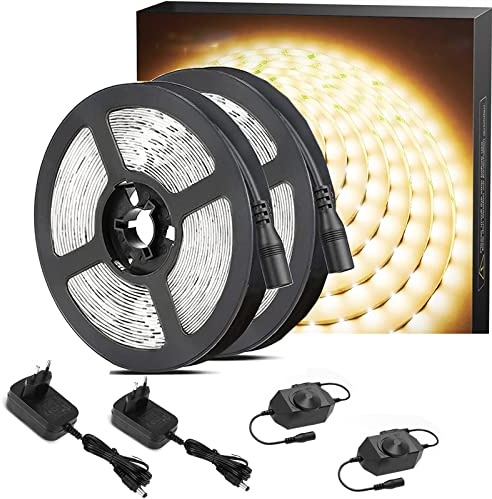 LED Streifen Warmweiß 300 LEDs 2er, LED Strip 5M, Warmweiss 3000K Dimmbar, 5M LED Streifen 12V Selbstklebend, Band mit 300 Stück 2835 LEDs ,LED Lichtband Kette mit Netzteil für Innen Küche Dekoration