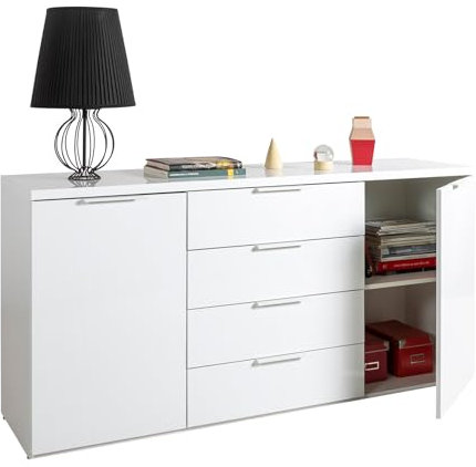 Decorspace Commode multifonction Mundi avec 4 tiroirs et 2 portes Blanc laqué h 82 cm (blanc, 4 tiroirs et 2 portes)