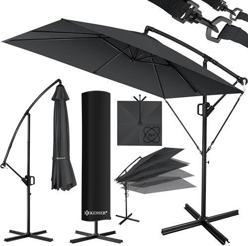 KESSER® Ampelschirm Holly Sonnenschirm Rechteckig inkl. Abdeckung mit Kurbel | Kurbel-Schirm mit Ständer UV-Schutz Aluminium Wasserabweisend Ø350cm Gartenschirm Marktschirm Anthrazit