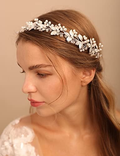 Deniferymakeup Bridal Wedding Hair Accessory Pearl Hair Vine Leaf headband Rhinestone Hair Piece for Bride