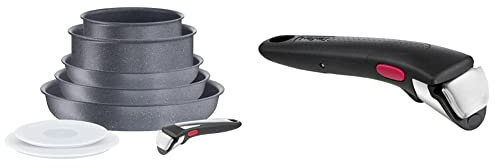 Tefal Ingenio Natural On Batterie de cuisine 8 pièces, Revêtement antiadhésif, Induction, L7669802, Gris,noir & Ingenio Poignée amovible noire, Verrouillage sécurité 3 points, Garantie 10 ans