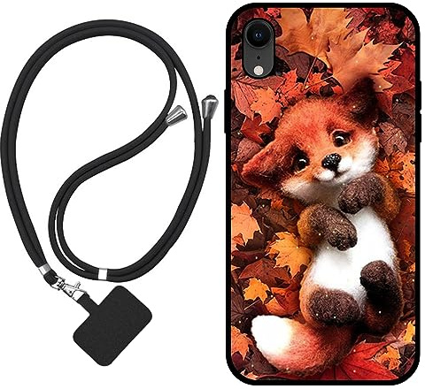 Sunrive Hülle Kompatibel mit iPhone XR Case,matt Handyhülle Schutzhülle Etui Karikatur Muster TPU Backcover (Ahornblattfuchs) +1x Universale Handykette MEHRWEG