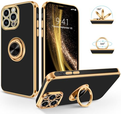 SouliGo for iPhone 15 Pro Max Case 360° Ring Holder Kickstand Magnetic Car Mount Slim Luxury Bling Plating Soft TPU Protective Bumper Phone Cover for iPhone 15 Pro Max 6.7”2023, Black