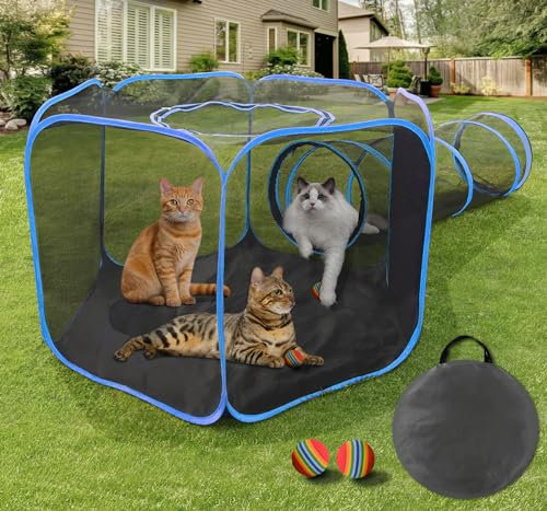 MAMI&BABI Outdoor-Katzengehege für Indoor-Katzen, faltbarer Außen-Katzenlaufstall mit Tunnel, Haustierzelte, Gehege für Katzen, Welpen, Kaninchen und andere Kleintiere (Blau, direkter Tunnel)