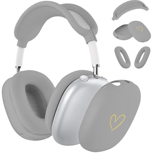 AIIEKZ Schutzhülle für AirPods Max, kratzfestes weiches Silikon mit goldenem Herzmuster, Ohrmuschel-Hülle, Ohrpolster-Abdeckung, Kopfband-Abdeckung für Apple AirPods Max Kopfhörer (grau)