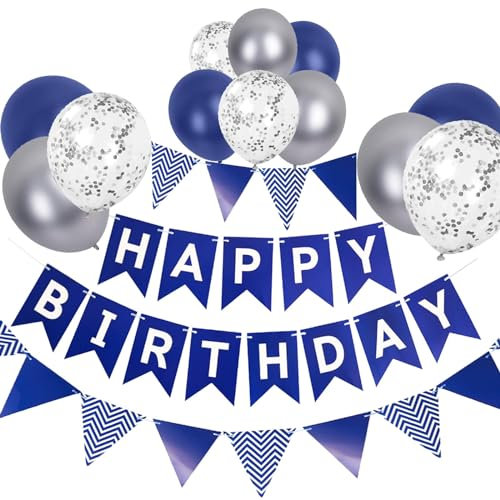 Luftballons Geburtstag Dekoration Set, Marineblau Silber Geburtstagsdeko Happy Birthday deko Banner Party Deko Geburtstag Set mit Marineblau Silber Luftballons Dreiecksflaggen Girlanden(NB+SJQ)