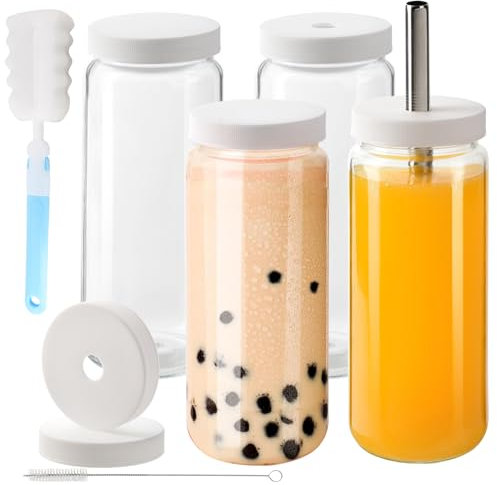 YBCPACK 500 ml Glasflaschen zum Befüllen mit Deckel und Strohhalm [4er-Pack] - Wiederverwendbare Smoothie Flaschen Glas - Saftflaschen für Boba, kombucha, Eiskaffe und Smoothie Becher to go