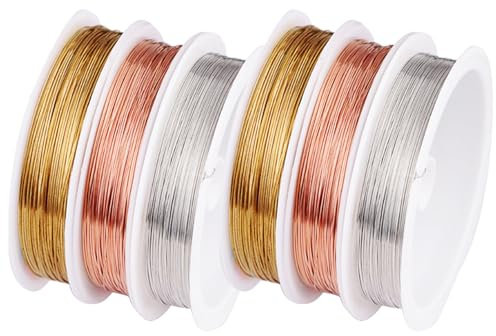 Set of Thin Craft Wire - 2 Rolls of Gold Wire, 2 Rolls of Silver Wire, 2 Rolls of Fine Craft Wire Made of Red Copper, 30 M X 0.5 Mm Copper Wire for Homemade Jewelry and Crafts
