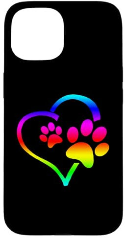 iPhone 15 Rainbow Dog Paw Print Rescue Lover Gift Heart Black Case