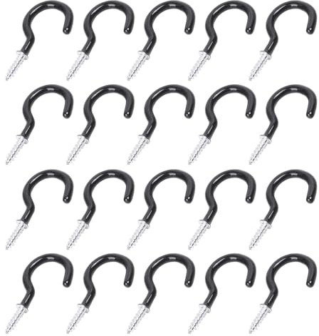 Leliafleury 20Pcs Screw in Hooks Plastic Coated Black Cup Hooks for Hanging Plants Cups Kitchen Utensils, 1 Inch
