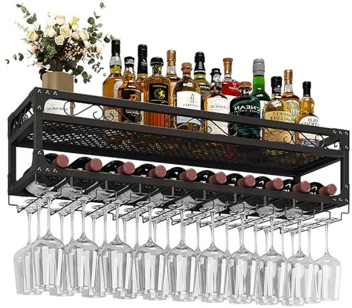 Casier À Vin Mural,Porte Bouteille Métal,Range Bouteille Avec Porte-Verre,Etagere A Vin Suspendu,Rangement Bouteille,Casier À Bouteilles,Etagère Murale,Pour Cave À Vin,Bar,Cuisine,Noir ( Size : 80*30*
