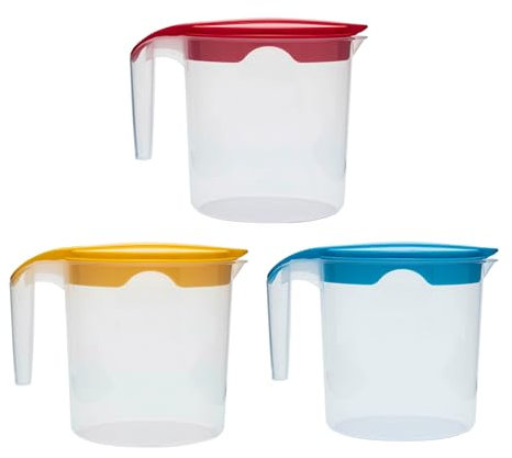 1 Liter Plastic Water Jug with Lid Milk Juices Drinks Fridge Jug Ideal for Everyday Use Indoor Outdoor Party (Blue, Red & Yellow)