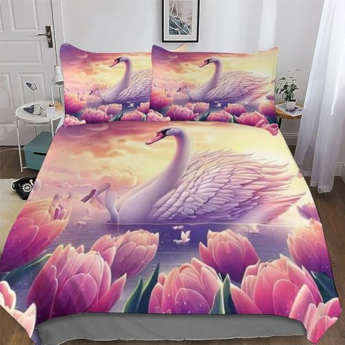 PAZZK Schwan Muster Bettwäsche-Set 3D-Bettbezug Für Mädchen Und Jungen, 2-teiliges Set, Deckenbezug Mit Kissenbezug Atmungsaktiver Mikrofaser Bettbezüge King (220x240cm)