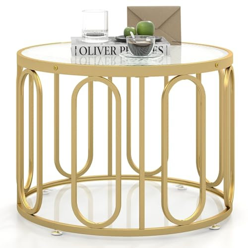 CASART 2-Tier Round Coffee Table, 60cm Glass Cocktail Table with Tempered Glass Top, Open Storage & Swivel Brackets, Gold Tea Table Modern Accent Table for Living Room Bedroom