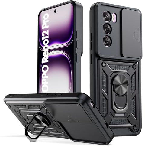 Oududianzi - Cover per Oppo Reno 12 Pro 5G Custodia,con Coperchio Scorrevole della Fotocamera, 360 ° staffa girevole e manicotto protettivo in silicone TPU - Nero