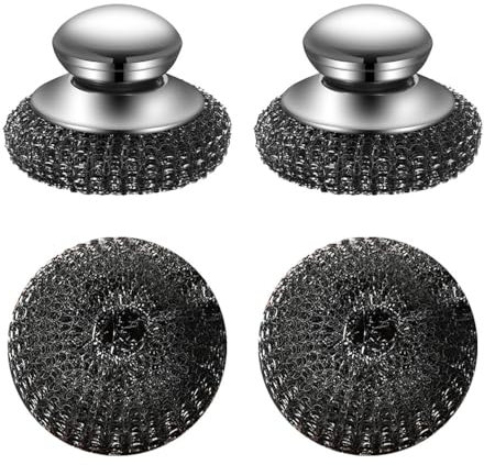 Stainless Steel Wool Scrubber,2 PCS Steel Scrubber Cleaner with Stainless Steel Handle & 2 Replacement Wire Pads for Cleaning Dishes Cast Iron Stock Pots Pans Griddles Grills