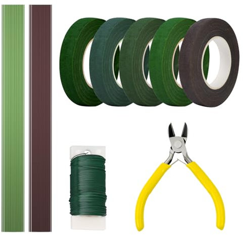 HXC 9 Pcs Floral Arrangement Kit with Floral Wire Floral Tape Green Florist Wires Cutter Floral Arrangement Tools for DIY Bouquet Stem Wrap Wreath Making Florist