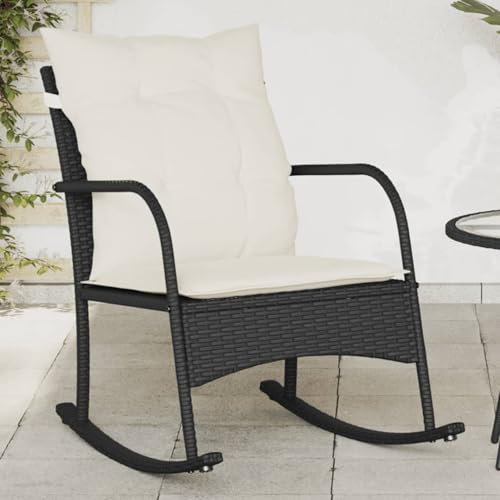 Homgoday Esszimmerstühle für den Garten, Schaukelstuhl mit Kissen aus Polyrattan, schwarz, Gartenmöbel für den Außenbereich, Terrassenmöbel