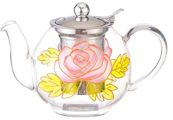 Cottea 1000 ml/35 oz Handbemalte Teekanne Aus Glas Mit Muster Für Den Herd, Teekanne Mit Siebeinsatz, Glas Teekessel Mit Teesieb, 1 Packung. (Rose)