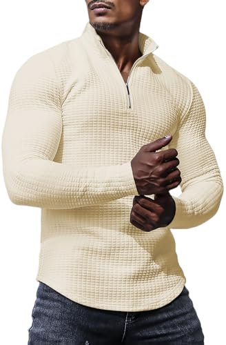 KUYIGO 1/4 Zip Polo Shirts for Men Long Sleeve Slim Fit Shirts Casual Muscle Stretch Knitted Shirt L Apricot