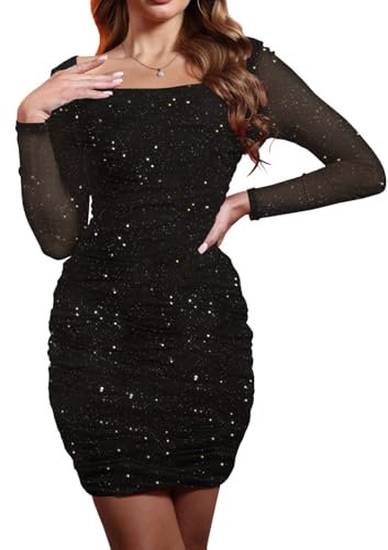 MOEENCN Women Mesh Dress Sparkly Sequin Long Sleeve Square Collar Pleated Bodycon Dresses Party Night Club Outfits Black Sequin L