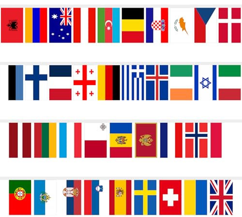 Eurovision Flags Wimpelkette, Eurovision Party Dekorationen, Europäische Flaggen Eurovision Song Contest UK 2024 Feier Themed Stoff Wimpelkette für Garten, Bar, Restaurant Party Dekoration (38