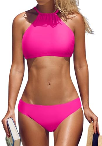 CharmLeaks Womens Halter High Neck Bikini Set 2 Piece Swimsuit Cross Back Swimming Costume Hot Pink XL