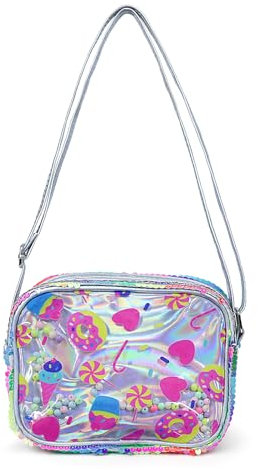 Energather Damen-Umhängetaschen, Kleine Handtasche aus PVC mit Glitzer für Mädchen, Handytasche mit Geldbörse zum Umhängen mit Druckmuster auf einem Vergnügungspark (silber)