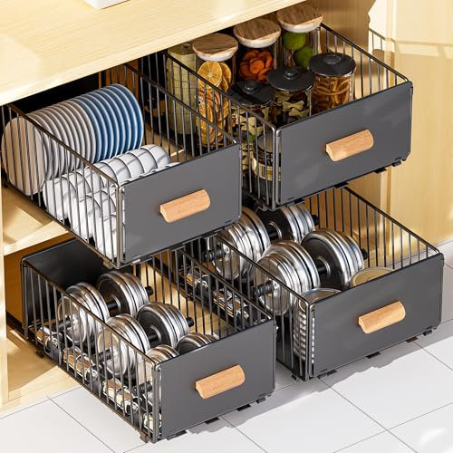 Vortix Lot de 2 tiroirs télescopiques extensibles pour armoires de cuisine, pas de perçage ni de clouage nécessaires (noir, largeur 25 cm)