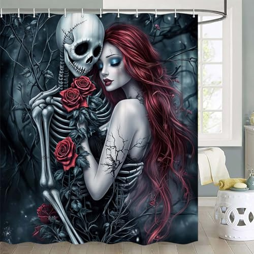 Xguatan Lustiger Totenkopf-Duschvorhang, Gothic-Skelett-Liebhaber, Umarmung, rote Rose, Blumen-Badezimmervorhang, Blumen-Badewannen-Vorhänge, Dekoration, wasserdichtes Polyestergewebe mit 12 Haken