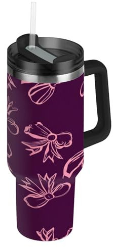 RPLIFE Bows Soft Pink Dark Purple Tumbler with Handle 40 Oz Travel Coffee Tumbler, Stainless Steel Tumblers for Women Men Travel