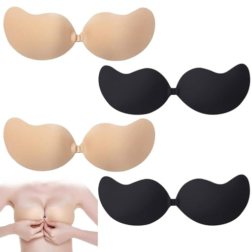BFSYRR Stick On Bra, Strapless Push Up Bra, 4 Pairs of Black and Skin Color Sticky Bra for Women, Stick On Bra Push Up for Low Cut Dress Weddings Parties Dances