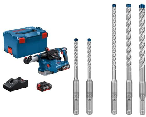 Bosch Professional 18V System Akku Bohrhammer GBH 18V-22 (mit SDS plus, inkl. 2x 4.0Ah Akku, Schnellladegerät) + 5x Expert SDS plus-7X Hammerbohrer Set (für Stahlbeton, Ø 5-10 mm)