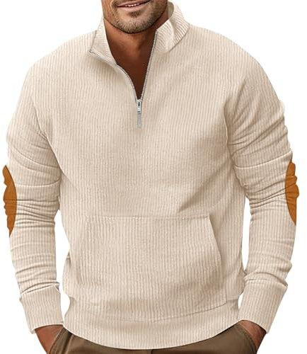 PRIVIMIX Sweat Homme Col Zippé Pull sans Capuche Sweatshirt Velours Côtelé avec Poche Kangourou, Beige, XL