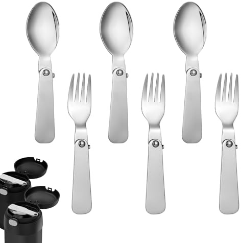 3pcs Folding Spoon & 3pcs Folding Forks for Thermos Funtainer 10oz Food Jar | Stainless Steel Foldable Spork Portable Replacement Fold Utensils Silverware for Travel Camping Picnic Outdoor Activities
