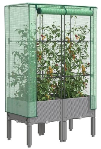 Hochbeet mit Gewächshaus-Aufsatz, Rattan-Optik, 80x40x140 cm, Polypropylen, für Garten, Gemüse, Kräuter, Pflanzen