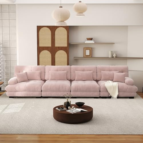 SoarFlash Canapé modulaire 4 Places Salon Moderne - Chenille, Bois Massif, reposes-Bras, Rose Clair, 77×406cm